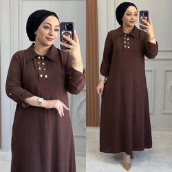Ebrarengiz Moda - 6320 ÇİFT DÜĞMELİ ELBİSE K85 KAHVE
