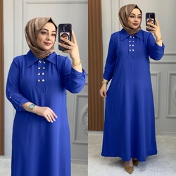 Ebrarengiz Moda - 6320 ÇİFT DÜĞMELİ ELBİSE K85 SAKS