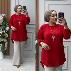 Ebrarengiz Moda - 8850 LİZADE TUNİK K60 KIRMIZI