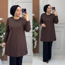 Ebrarengiz Moda - 8920 PIRILTI TUNİK K70 KAHVE