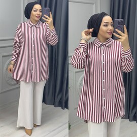 Ebrarengiz Moda - 8970 ÇİZGİLİ GÖMLEK K110 BORDO