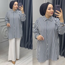 Ebrarengiz Moda - 8970 ÇİZGİLİ GÖMLEK K110 LACİVERT