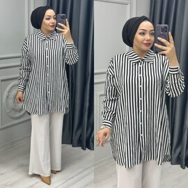 Ebrarengiz Moda - 8970 ÇİZGİLİ GÖMLEK K110 SİYAH